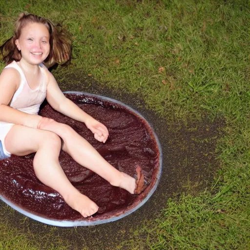 Image similar to adult sliding down chocolate pudding slip n slide legs first, professional photo taken at the park