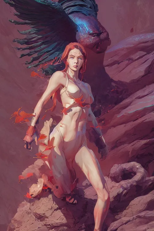 Image similar to lilith standing over the body of adam, tooth wu, dan mumford, beeple, wlop, rossdraws, james jean, marc simonetti, artstation giuseppe dangelico pino and michael garmash and rob rey and greg manchess and huang guangjian and makoto shinkai