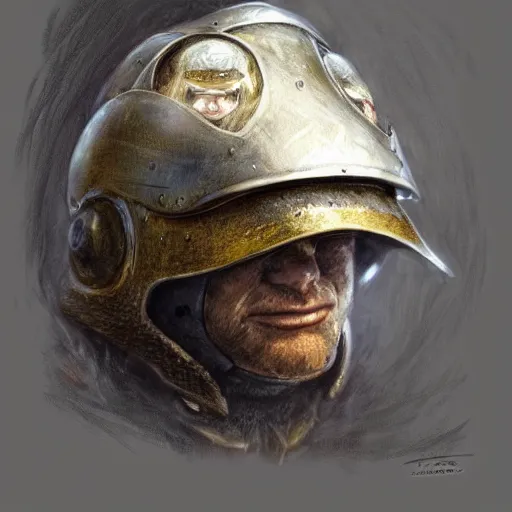 Image similar to toad sits in a knight's helmet, highly detailed portrait, digital painting, artstation, concept art, smooth, sharp focus ilustration, by luis royo, artstation hq