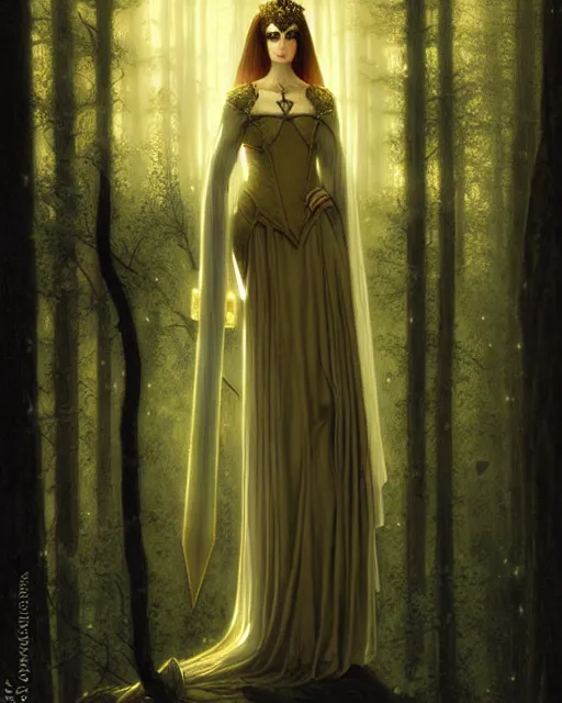 Prompt: nocturne, glowing, stars, a portrait of a beautiful medieval princess with a sword, tall and thin, highly detailed, mysterious, ethereal, dressed in velvet and gold jewelry, haute couture, dark forest, illustration, dramatic lighting, by edmund blair leighton, brom, charlie bowater, faces by otto schmidt