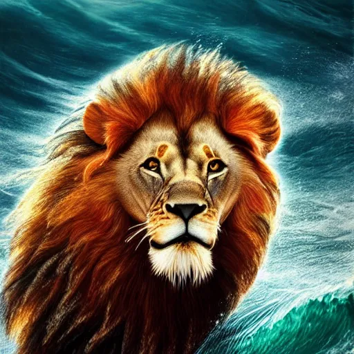 Image similar to a male lion's face breaching through a wave, stormy weather, ocean sprites, closeup of face, trending on artstation, dark lighting, face encircled by ocean wave
