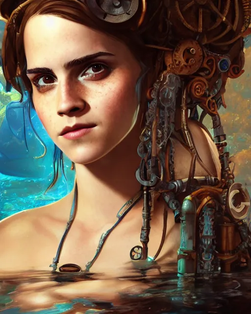 Prompt: underwater steampunk pirate portrait of emma watson, au naturel, hyper detailed, digital art, trending in artstation, cinematic lighting, studio quality, smooth render, unreal engine 5 rendered, octane rendered, art style by klimt and nixeu and ian sprigger and wlop and krenz cushart.