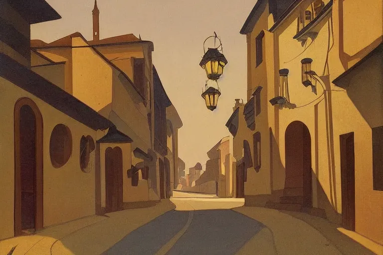 Prompt: winding street at midnight in a very old very beautiful city by George Price Boyce and Nicholas Roerich and William Dyce, glowing paper lanterns, strong dramatic cinematic lighting , ornate tiled architecture, lost civilizations, smooth, sharp focus, extremely detailed