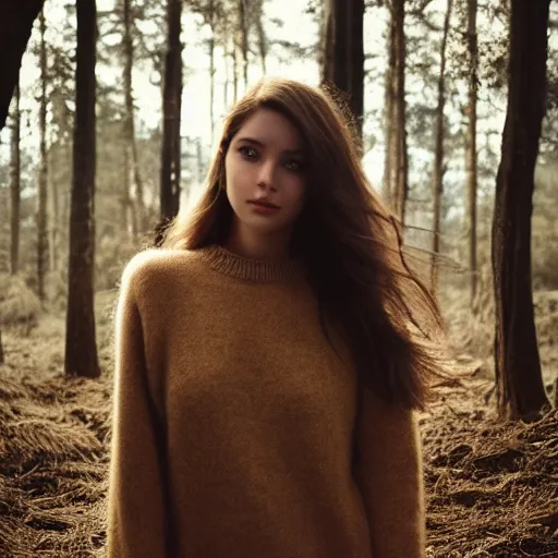 Image similar to real life photo of a beautiful girl, full body photoshoot, long brown hair, brown eyes, full round face, short smile, wool sweater belly free, forest setting, cinematic lightning, medium shot, mid - shot, highly detailed, trending on artstation, unreal engine 4 k, 8 0 mm, 8 5 mm, cinematic wallpaper