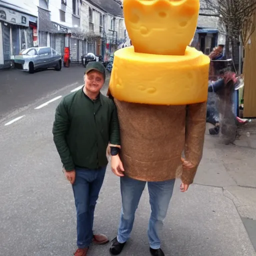 Image similar to anthropomorphic cheese wedge, man with cheese for a head, cheese wedge man. man is similar to a golem of cheese. This man is made COMPLETELY of cheese!