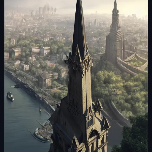 Image similar to an ultra detailed matte painting of the one impossibly tall ominous black spire in the palace district on an island in a river elevated high above the city fortress tower, fantasy capital city, ultrawide lense, aerial photography, volumetric lighting, exquisite detail, octane render, 8 k postprocessing, art by artgerm and greg rutkowski and alphonse mucha