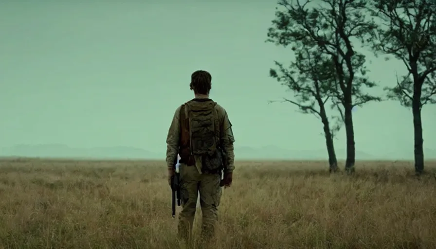 Prompt: lone survivor man holding a walkie!! in post - apocalyptic nature landscape. movie screenshot. lush composition by wes anderson, shallow depth of field, cinematic. cinematic composition