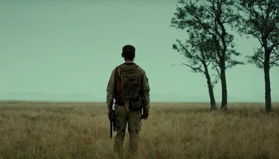 Image similar to lone survivor man holding a walkie!! in post - apocalyptic nature landscape. movie screenshot. lush composition by wes anderson, shallow depth of field, cinematic. cinematic composition