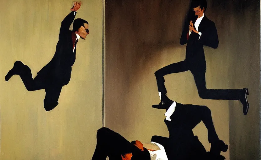 Prompt: a thin man wearing a suit screams and jumps over a telephone in a dark, 1980s living room, painted by phil hale, highly detailed