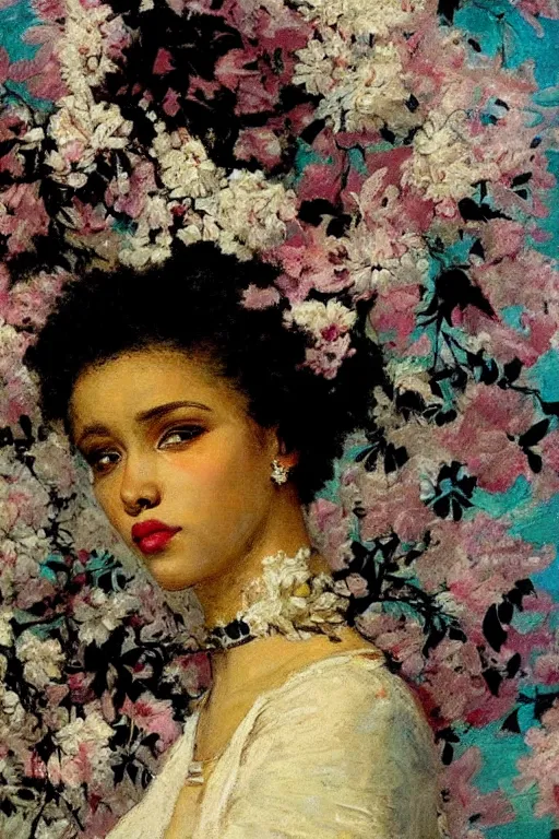 Prompt: close - up fashion black woman portrait airy flowers clouds art by vasnetsov