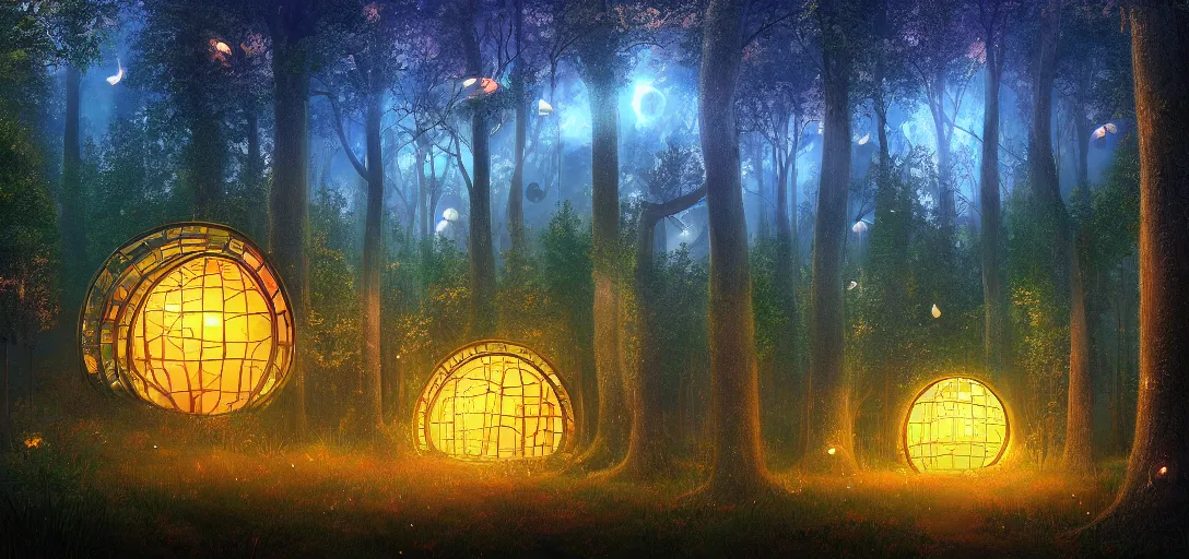 Image similar to beautiful forest, round forest houses with glowing round windows, ray tracing, fireflies, mystical feeling, detailed, digital art