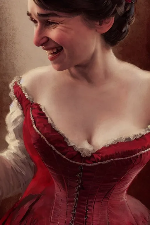 Prompt: Emilia Clarke smiling warmly in a 1800s American Corset in Red Dead Redemption, only two hands, highly detailed, digital painting, artstation, concept art, smooth, sharp focus, illustration, Unreal Engine 5, 8K, art by art by artgerm and greg rutkowski and edgar maxence