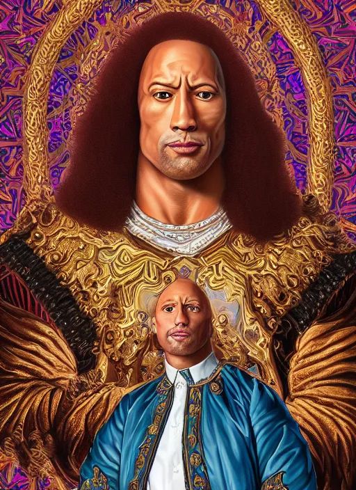 Image similar to beautiful oil painting, portrait of Dwayne the rock Johnson as Louis xiv in coronation robes 1701, Dan Mumford, Dan Mumford, Alex grey, Alex grey, lsd visuals, dmt fractal patterns, entheogen, psychedelic, hallucinogen, highly detailed, ornate, vaporwave