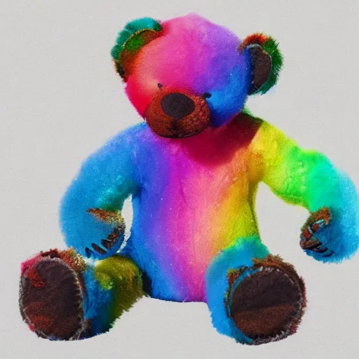 Image similar to teddy bear vomiting rainbow, photorealistic