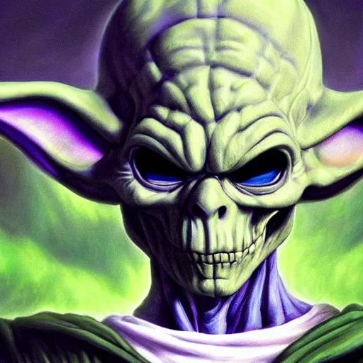 Prompt: ultra realistic portrait painting of skeletor as yoda, art by akira toriyama, 4 k, dragon ball artstyle, cel shaded, highly detailed, epic lighting