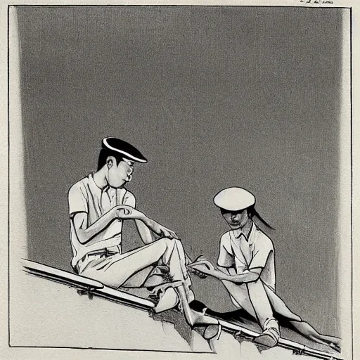 Image similar to art of two singaporean students in uniform sitting on the roof of a hdb flat, by moebius