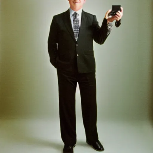 Image similar to clean - shaven portly white man with neatly styled black hair in his 4 0 s is wearing a dress shirt sweater - vest trouser dress shoes. his is standing in front of a mirror, taking a photo of himself. faded polaroid from 1 9 8 5