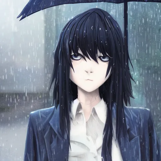 Image similar to 1 7 - year - old anime goth girl, black hair, long bob cut, long bangs, gothic coat, long bangs, united kingdom, rainy day, small town, midlands, english village, street scene, ultra - realistic, sharp details, cold lighting, blue and gray colors, intricate details, subsurface scattering, hd anime, 2 0 1 9 anime