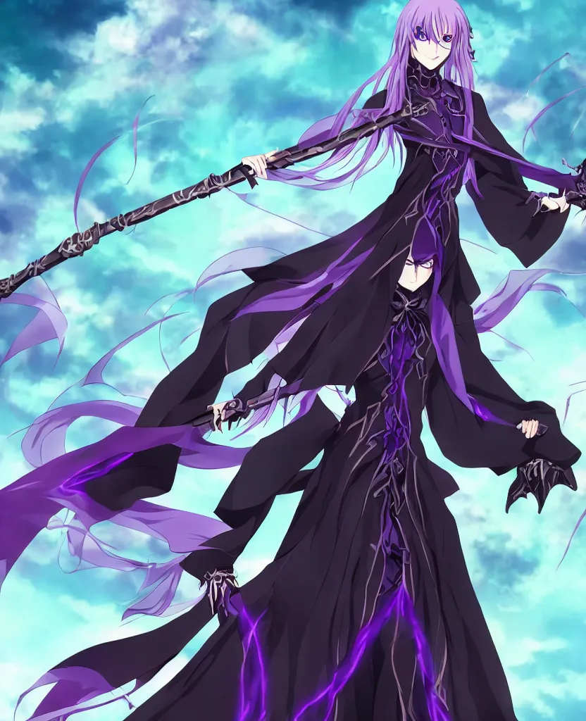 Image similar to an attractive anime female necromancer mage symmetrical, donned in black cloak with purple staff full body in frame