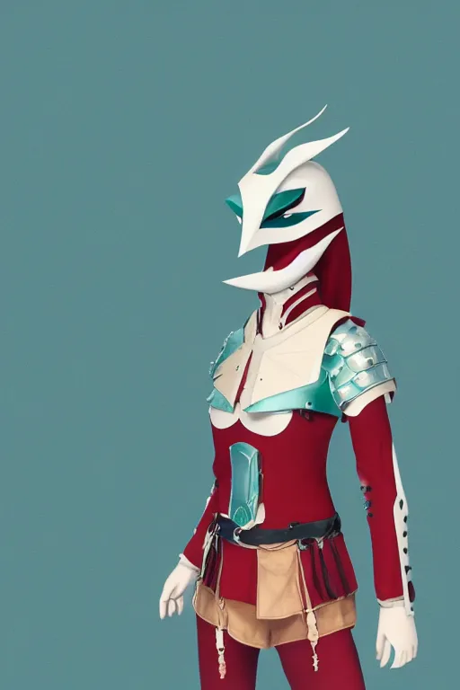 Image similar to female adventurer in tight full - body teal leather armor of japanese design with red accents and a white porcelain crow mask, trending in artstation, japanese, artstation, big moon in the background, establishing shot