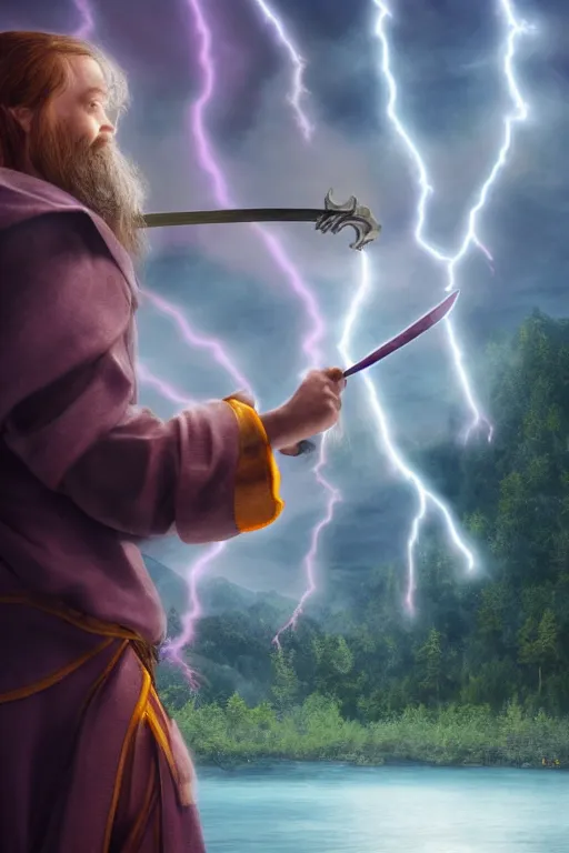 Prompt: hyper realistic wizard holding a sword that’s pointed towards the sky, getting shocked by purple lightning, levitating over a lake, octane, trending on artstation, hyper realistic, highly detailed, unreal engine, amazing depth of field, 8k