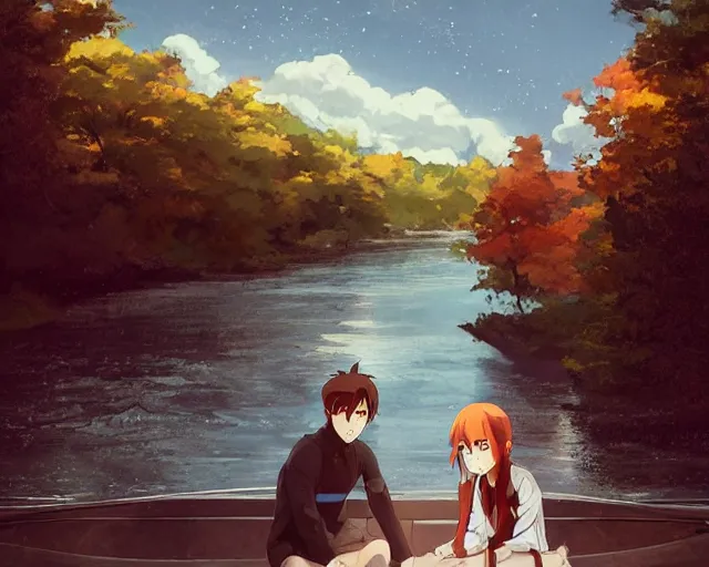 Image similar to a boy and a girl with long flowing auburn hair, boy has short black hair, sitting next to each other, facing the river in one single boat. Atmospheric lighting, long shot, romantic, boy and girl are the focus, trees, blue water, narrow river, close river bank, shady. Anime. By Makoto Shinkai, Stanley Artgerm Lau, WLOP, Rossdraws, James Jean, Andrei Riabovitchev, Marc Simonetti, krenz cushart, Sakimichan, D&D trending on ArtStation, digital art.