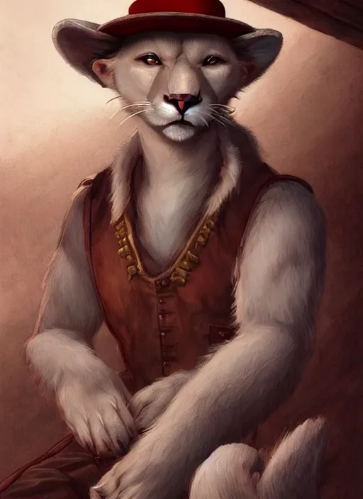 Image similar to beautiful portrait commission of a male furry anthro albino mountain lion with dark red eyes wearing old-timey miner's clothes in an old saloon. Atmospheric. Character design by charlie bowater, ross tran, artgerm, and makoto shinkai, detailed, inked, western comic book art