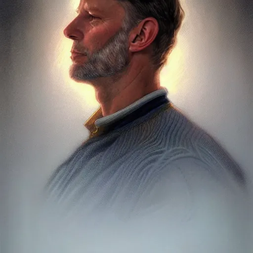 Image similar to beautiful portrait of hockey coach Clint Malarchuk, fantasy, intricate, elegant, highly detailed, digital painting, artstation, concept art, smooth, sharp focus, luxury fashion illustration, art by artgerm and greg rutkowski and alphonse mucha, brightly lit cinematic soft lighting, photorealistic