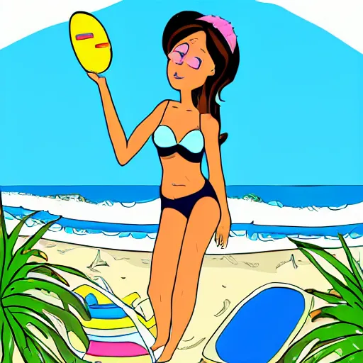 Image similar to a beautiful girl open a portal to the beach, cartoon style