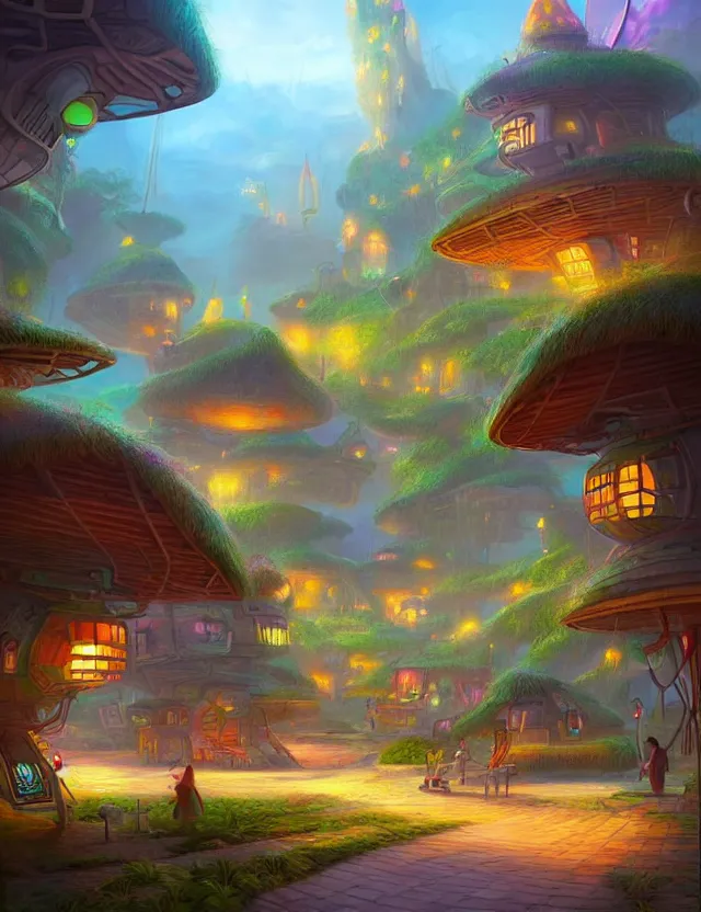 Prompt: futuristic but cozy fantasy village at a tropical coast. this air brush painting by the award - winning concept artist has an interesting color scheme, plenty of details and impeccable lighting.