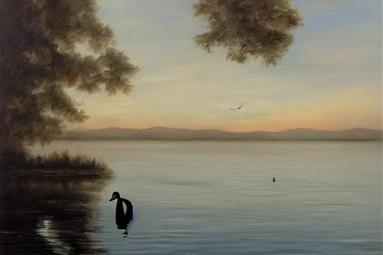 Image similar to oil painting, long view, black swan in the middle of the lake, neodada