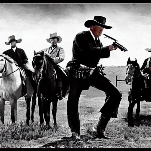 Image similar to an 1 8 0 0 s photo of donald trump playing the role of clint eastwood, squinting at high noon, in the style of a clint eastwood movie, the good, the bad and the ugly, clint eastwood, vibe, donald trump, glory days, mount rushmore, justice, american flag, independence, patriotism, apple pie, black and white, artgerm