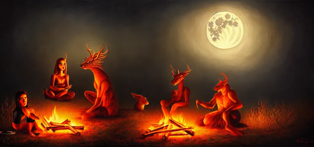 Image similar to strange mythical beasts of sitting around a fire under a full moon, surreal dark uncanny painting by ronny khalil