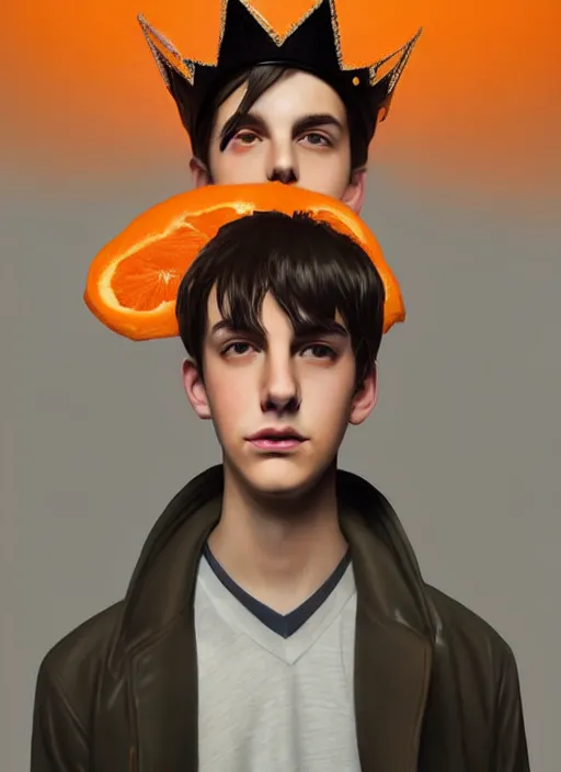 Image similar to portrait of teenage jughead jones wearing a light grey crown, crown, hamburger background, eyes closed, crown, black hair, orange, intricate, elegant, glowing lights, warm lighting, highly detailed, digital painting, artstation, concept art, smooth, sharp focus, illustration, art by wlop, mars ravelo and greg rutkowski