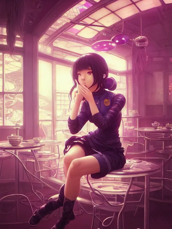 Image similar to full body picture of a space girl sitting in the moon cafe, bored, coveted, beautiful and aesthetic, intricate, unreal engine, messy hair, highly detailed, detailed face, smooth, sharp focus, chiaroscuro, manga illustration, artgerm, greg rutkowski, ilya kuvshinov, rossdraws, alphonse mucha, young adult light novel cover art