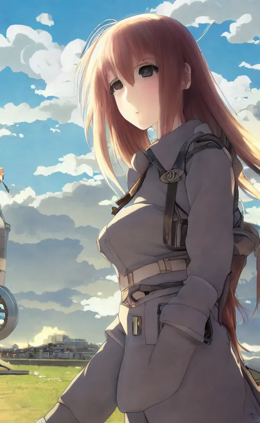 Image similar to anime style, panoramic view of girl, searchlights in background, soldier clothing, short hair, hair down, symmetrical facial features, from arknights, hyper realistic, 4 k, rule of thirds, extreme detail, detailed drawing, trending artstation, hd, d & d, realistic lighting, by alphonse mucha, greg rutkowski, sharp focus, backlit