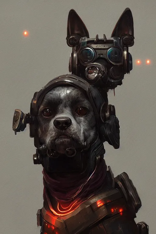 Prompt: A a very cute cyberpunk dog character, metal parts, glowing eyes, profile picture by Greg Rutkowski, Matte Painting, trending on the artstation