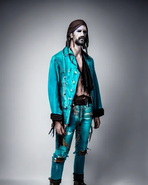 Image similar to an award - winning photo of an ancient male model wearing a plain cropped baggy teal distressed pirate designer menswear cloth jacket designed by alexander mcqueen, 4 k, studio lighting, wide angle lens