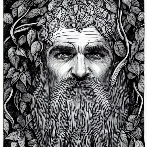 Image similar to bearded middle aged male druid gray skin pointy ears with vines as hair detailed fantasy drawing