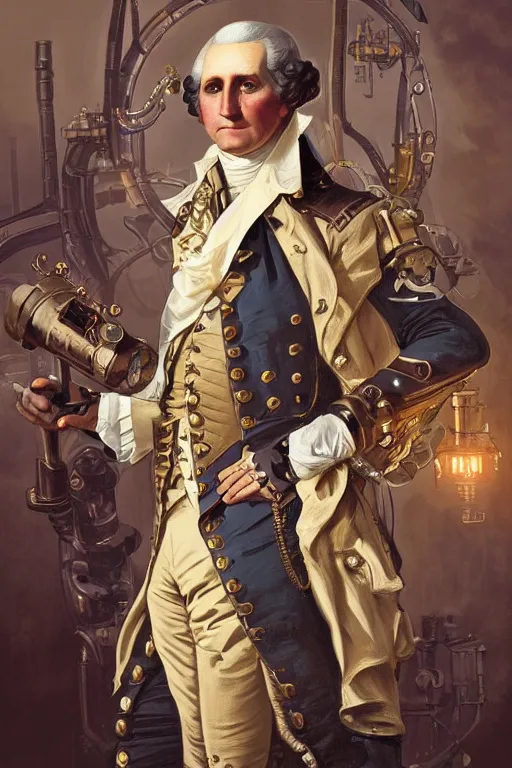 Prompt: george washington as a steampunk cyborg, portrait, western, steampunk, duster, fantasy, intricate, elegant, highly detailed, digital painting, artstation, concept art, sharp focus, illustration, art by artgerm and greg rutkowski and alphonse mucha