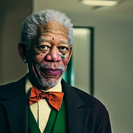 Image similar to a film still of Morgan Freeman starring as The Joker, 40mm lens, shallow depth of field, split lighting, cinematic