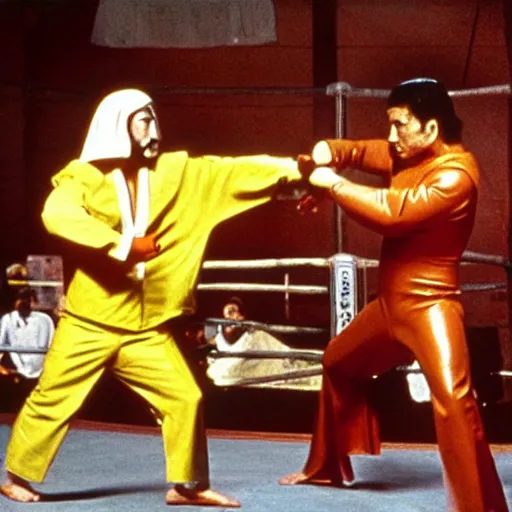 Prompt: 1 9 7 0's kung fu movie, a man in a rubber latex hot dog costume fighting a man wearing a rubber latex hamburger costume inside a futuristic ufc octagon cage arena