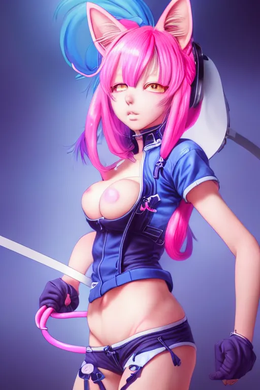 Prompt: a catgirl with pink headphone and blue hair, occlusion shadow, specular reflection, rim light, unreal engine, octane render, artgerm, artstation, art by hiroaki samura and jiro matsumoto and yusuke murata, high quality, intricate detailed 8 k, fantasy illustration, extremely beautiful and aesthetic shape of body