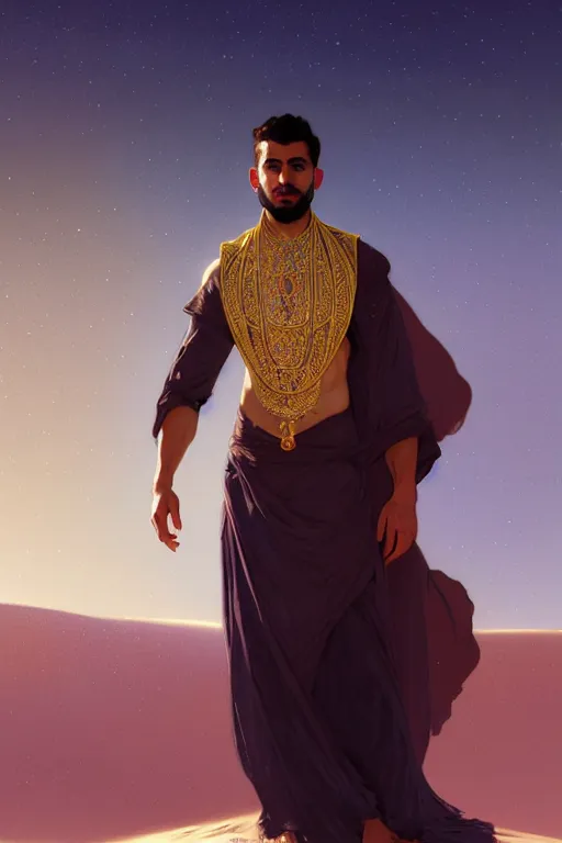 Prompt: full figure beautiful young fit arabic dark man, dressed with multicolored fluent clothes, luminous scene, by greg rutkowski and alphonse mucha, d & d character, gradient white to gold, in front of a dune desert background, highly detailed portrait, digital painting, artstation, concept art, smooth, sharp focus illustration, artstation hq