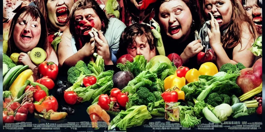 Image similar to a horror movie poster featuring huge fat people eating fruits and vegetables