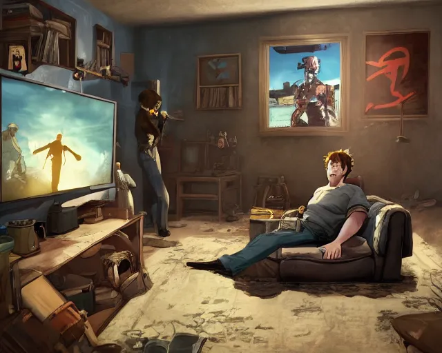 Image similar to a beautiful illustration of my friend nathan tinsley, playing fallout new vegas on the xbox 3 6 0 in his living room. the tv is the only light source, in the style of studio ghibli, artwork by studio ghibli, gamers bedroom, posters. cinematic composition, anime, digital art, featured on artstation