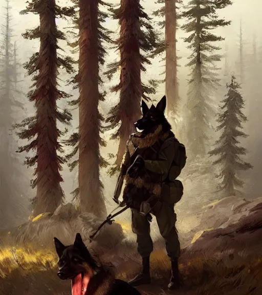 Image similar to Norwegian forest war action portrait of furry anthro anthropomorphic german shepard head animal person fursona wearing clothes modern soldier tactical digital art by Greg Rutkowski, Simon Stalenhag, trending on Artstation, CGSociety