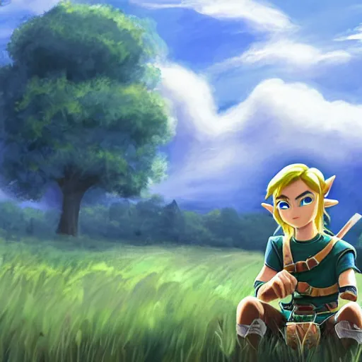 Prompt: A photo of Link from Zelda sitting in a field on a sunny day with clouds in the sky, he is sad