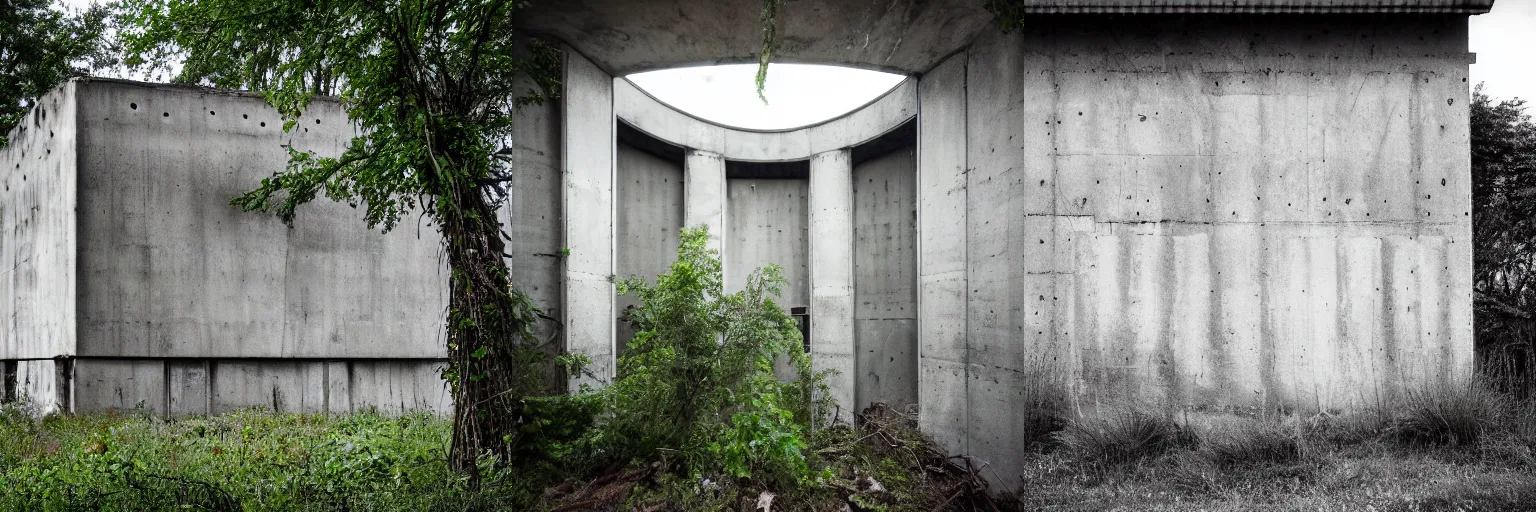 Prompt: Abandoned concrete building with plants and trees, overcast