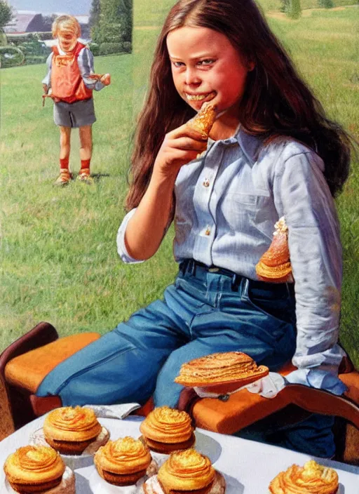 Image similar to greta thunberg eating cakes, artwork by earl norem, detailed digital art, trending on Artstation